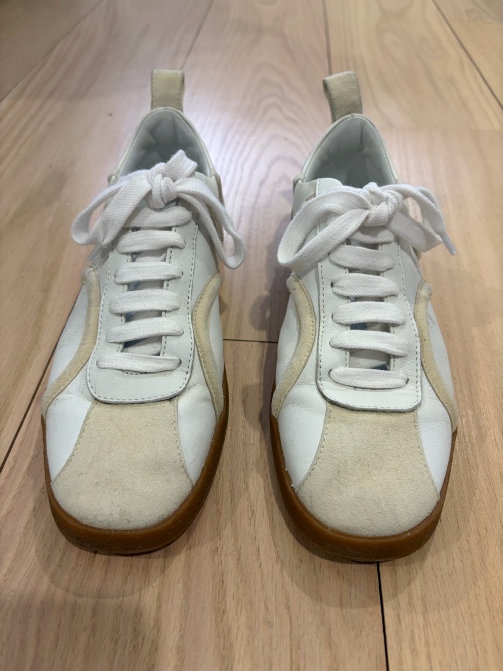 Toteme White and Cream Monogram Leather and Suede Sneakers